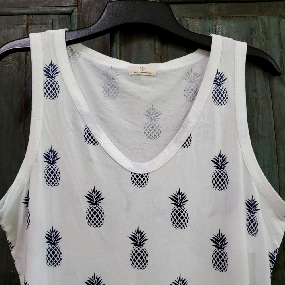 Anthropologie T.La White Navy Pineapple Print Dillon Layerig Tank Top, Size XL - Picture 5 of 8